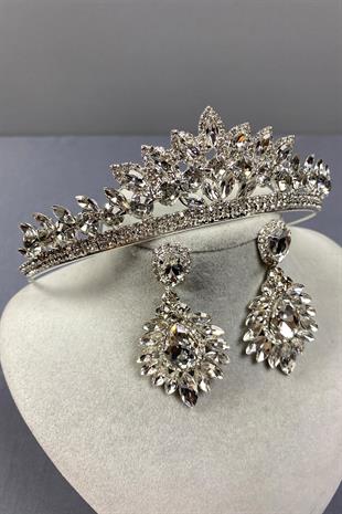 Gümüş Leyn Gelin Tacı Ve Damla Mekik Küpe Seti