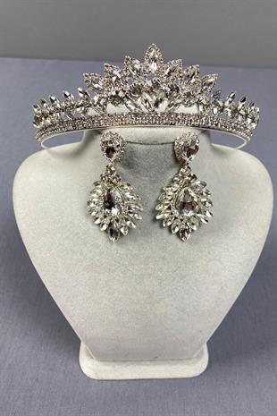 Gümüş Leyn Gelin Tacı Ve Damla Mekik Küpe Seti