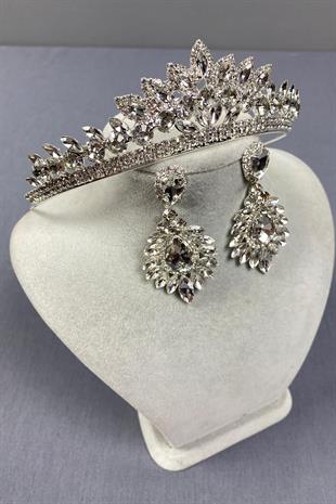 Gümüş Leyn Gelin Tacı Ve Damla Mekik Küpe Seti