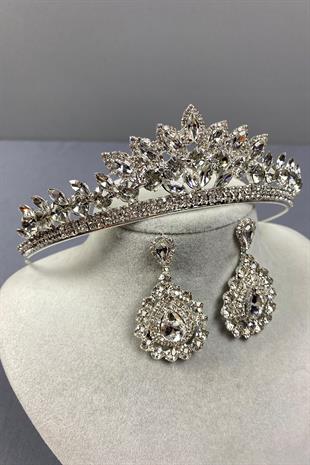 Gümüş Leyn Gelin Tacı Ve Damla Taşlı Küpe Seti