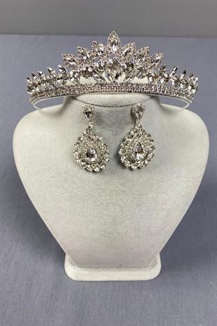 Gümüş Leyn Gelin Tacı Ve Damla Taşlı Küpe Seti
