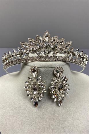 Gümüş Leyn Gelin Tacı Ve İnce Mekik Taşlı Küpe