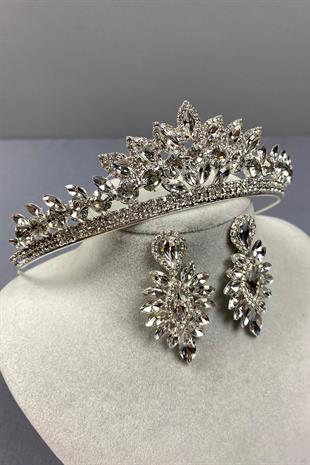 Gümüş Leyn Gelin Tacı Ve İnce Mekik Taşlı Küpe