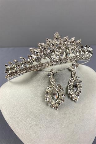 Gümüş Leyn Gelin Tacı Ve Mekik Taşlı Küpe