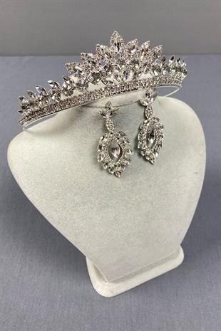 Gümüş Leyn Gelin Tacı Ve Mekik Taşlı Küpe