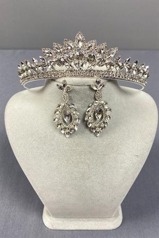 Gümüş Leyn Gelin Tacı Ve Mekik Taşlı Küpe