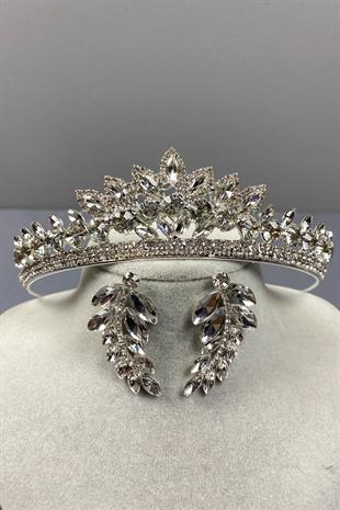 Gümüş Leyn Gelin Tacı Ve Yaprak Taşlı Küpe Seti