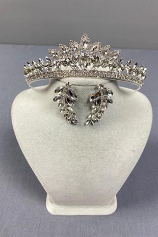 Gümüş Leyn Gelin Tacı Ve Yaprak Taşlı Küpe Seti