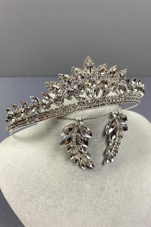 Gümüş Leyn Gelin Tacı Ve Yaprak Taşlı Küpe Seti