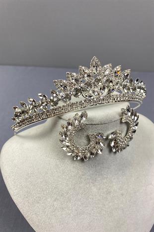 Gümüş Leyn Gelin Tacı Ve Yuvarlak Taşlı Küpe Seti