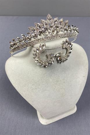 Gümüş Leyn Gelin Tacı Ve Yuvarlak Taşlı Küpe Seti