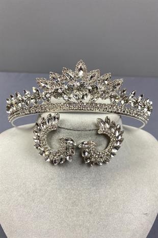 Gümüş Leyn Gelin Tacı Ve Yuvarlak Taşlı Küpe Seti