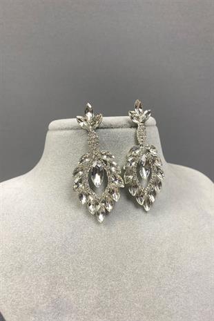 Gümüş Mekik Duru Yaprak Desenli Taşlı Abiye Küpe