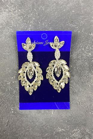 Gümüş Mekik Duru Yaprak Desenli Taşlı Abiye Küpe