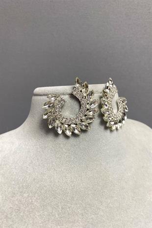 Gümüş Mekik Hera Yaprak Desen Taşlı Abiye Küpe