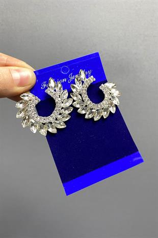 Gümüş Mekik Hera Yaprak Desen Taşlı Abiye Küpe