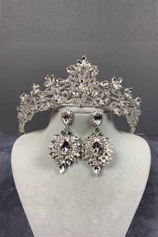 Gümüş Melis Gelin Kına Tacı Ve Mekik Taşlı Küpe