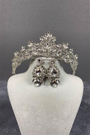 Gümüş Melis Gelin Kına Tacı Ve Mekik Taşlı Küpe Seti