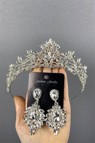 Gümüş Melis Gelin Kına Tacı Ve Mekik Taşlı Küpe