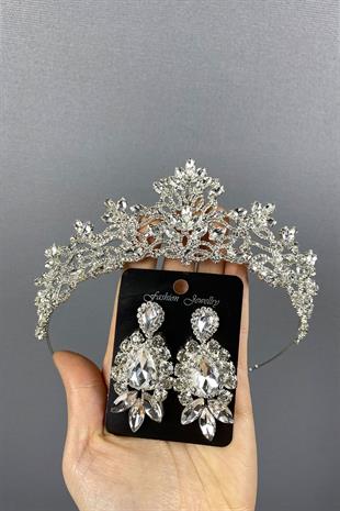 Gümüş Melis Gelin Kına Tacı Ve Mekik Taşlı Küpe Seti