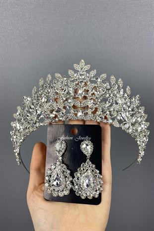 Gümüş Oscar Gelin Tacı Ve Abiye Küpe Seti