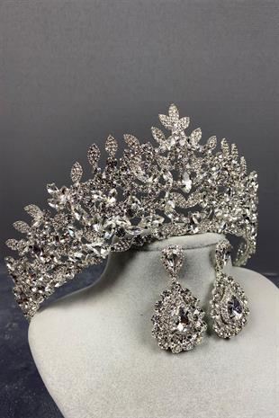 Gümüş Oscar Gelin Tacı Ve Abiye Küpe Seti