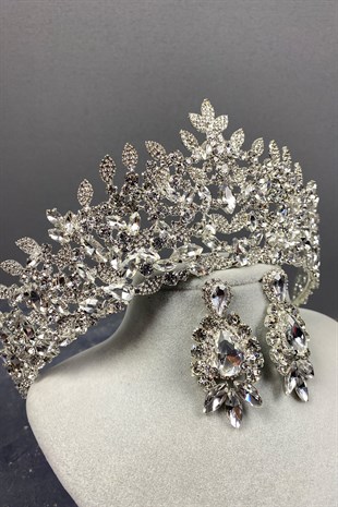 Gümüş Oscar Gelin Tacı Ve Damla Küpe Seti