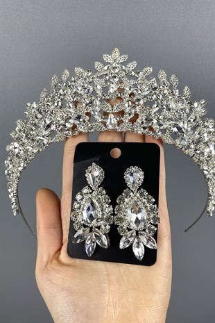 Gümüş Oscar Gelin Tacı Ve Damla Küpe Seti