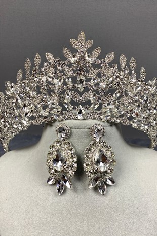 Gümüş Oscar Gelin Tacı Ve Damla Küpe Seti