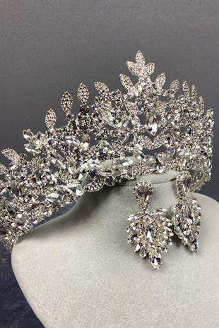 Gümüş Oscar Gelin Tacı Ve Mekikli Küpe Seti