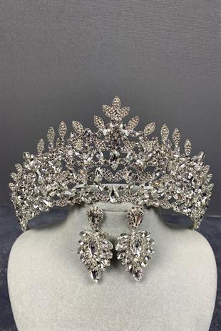 Gümüş Oscar Gelin Tacı Ve Mekikli Küpe Seti