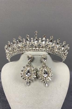 Gümüş Pedro Taşlı Gelin Kına Tacı Ve Abiye Küpe Seti