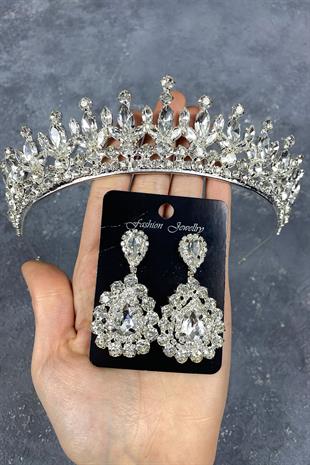 Gümüş Pedro Taşlı Gelin Kına Tacı Ve Küpeli Set