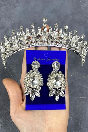 Gümüş Pedro Taşlı Gelin Kına Tacı Ve Küpe Seti