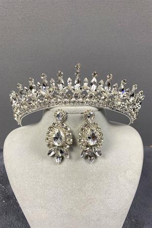 Gümüş Pedro Taşlı Gelin Kına Tacı Ve Küpe Seti