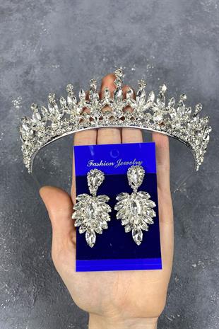 Gümüş Pedro Taşlı Gelin Kına Tacı Ve Mekik Küpe Seti