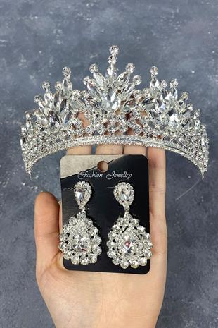 Gümüş Pera Gelin Tacı Ve Damla Abiye Küpe