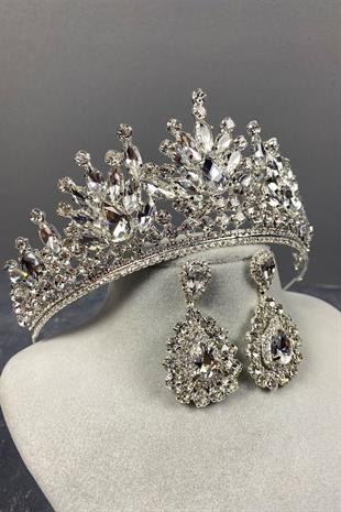 Gümüş Pera Gelin Tacı Ve Damla Abiye Küpe