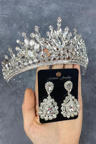 Gümüş Pera Gelin Tacı Ve Damla Abiye Küpe