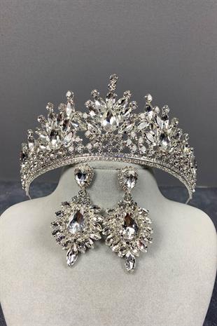 Silver Pera Bridal Crown And Stud Earring Set