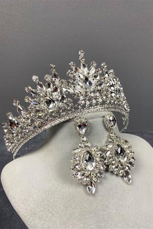 Silver Pera Bridal Crown And Stud Earring Set