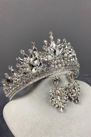 Silver Pera Bridal Crown And Stud Earrings