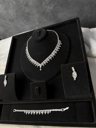 Gümüş Rengi Baget Kesim Zirkon Kolye Küpe Bileklik Set Lüks Gelin Takı Seti