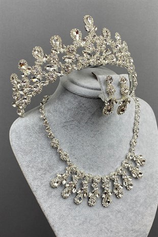 Silver Color Beety Bridal Henna Crown Necklace Earring Set