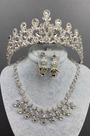 Silver Color Beety Bridal Henna Crown Necklace Earring Set