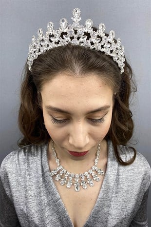 Silver Color Beety Bridal Henna Crown Necklace Earring Set