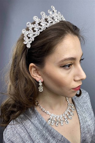 Silver Color Beety Bridal Henna Crown Necklace Earring Set