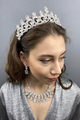 Silver Color Beety Bridal Henna Crown Necklace Earring Set