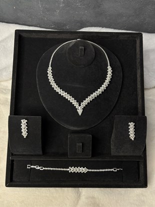 Gümüş Rengi Çift Sıra Su Yolu Zirkon Kolye Küpe Bileklik Set Düğün Takı