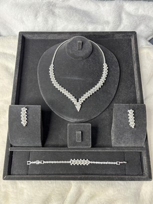 Gümüş Rengi Çift Sıra Su Yolu Zirkon Kolye Küpe Bileklik Set Düğün Takı